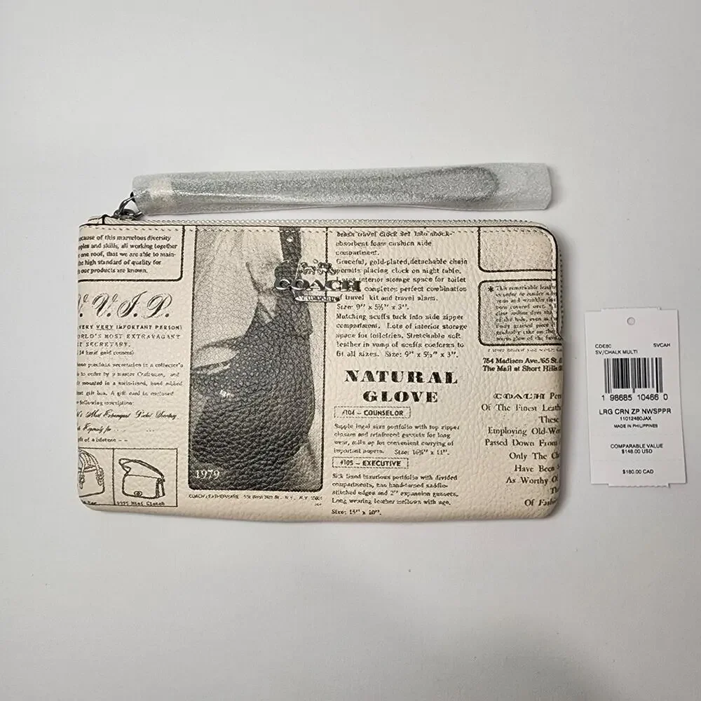 NWT COACH CDE80 Heritage Large Corner Zip Wristlet Newspaper Print Silver/Chalk